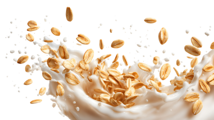 Oats splashing into milk creating a dynamic food motion abstract isolated on transparent background