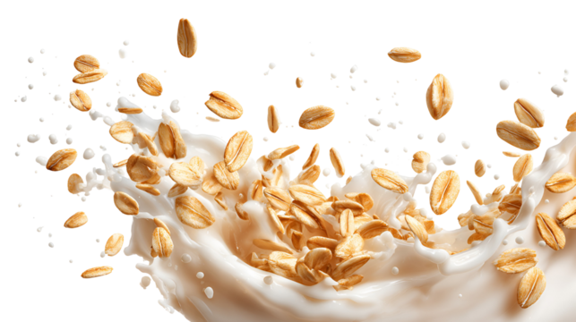 Oats splashing into milk creating a dynamic food motion abstract isolated on transparent background
