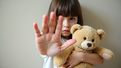 A Child's Plea: A young child, holding a teddy bear, raises their hand in a gesture of stop
