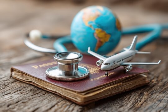 Exploring global health travel with a stethoscope, passport, airplane model, and globe on a wooden surface - Powered by Adobe