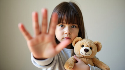 A young girl with a teddy bear making a stop gesture. She looks directly at the viewer and her hand is raised, emphasizing the message