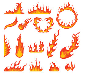 Fire flames, bright fireball, heat wildfire and red hot bonfire, campfire, red fiery flames isolated vector illustration set. Animated form and square, fireball and flame
