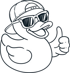 Vintage hand drawn sketch of rubber duck thumb up wear glasses and hat