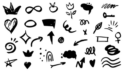 Hand drawn chalk and marker brush shapes vector set of doodles, words, arrows, scribbles, shapes and symbols on transparent background. black and white abstract icons vintage silhouette sketches