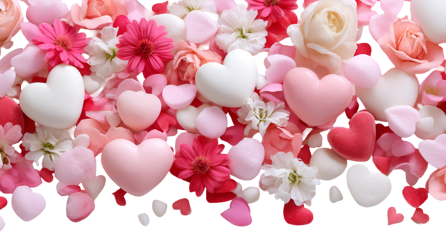 Romantic heart shapes and flowers scattered isolated on transparent background