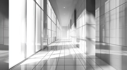 Sunlit, minimalist hallway with reflective floor and large windows, creating a bright, spacious, and modern atmosphere