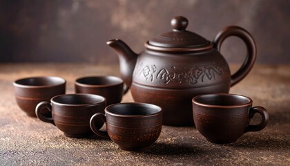 Rustic terracotta tea set on a dark surface