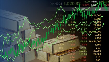 Up gold stock market concept with green financial chart rising above stacked gold bars. Ideal for...