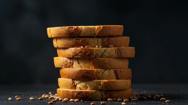 A stack of crispy toasted bread slices on a dark background