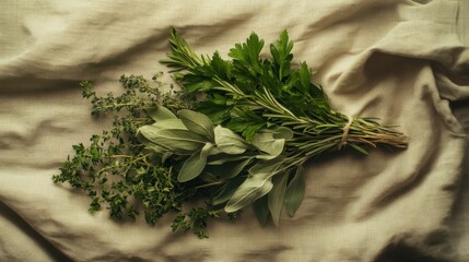 Fresh rosemary sprigs on a rustic wooden cutting board, morning light casting soft shadows