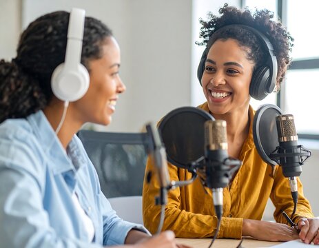 Two women podcasters engaged in conversation