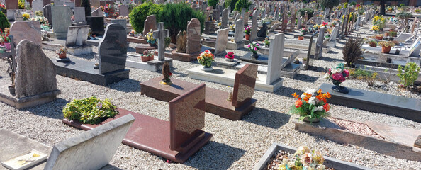 graves and no visible inscriptions in the Monumental cemetery with many flowers