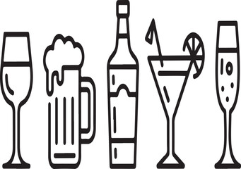 Doodle Line Icons of Alcoholic Beverages Wine Glass, Beer Mug, Whiskey Bottle, Cocktail, and Champagne Flute