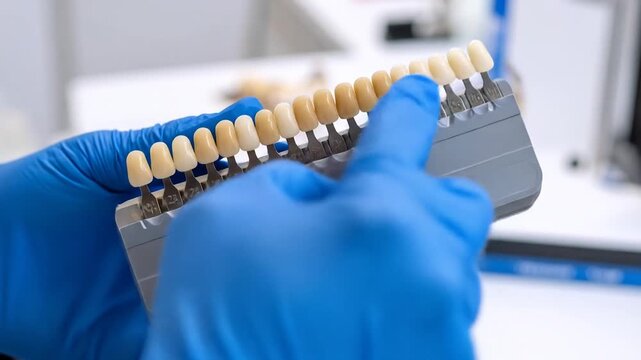 Dentist Selecting Tooth Whitening Shade Chart, Professional Dental Procedure