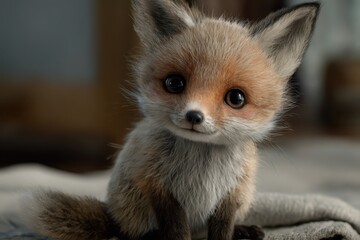 Obraz premium Cute little fox sits comfortably in a cozy indoor setting, showcasing its soft fur and big eyes while exuding an adorable charm in a peaceful environment