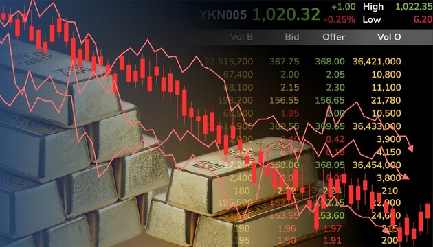 Down gold stock market concept with falling red chart over stacked gold bars. Ideal for financial loss, precious metals decline, market crash, and investment risk illustrations. - Powered by Adobe