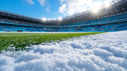 Snow-covered stadium winter sports event outdoor arena cold climate wide angle venue preparation for upcoming matches