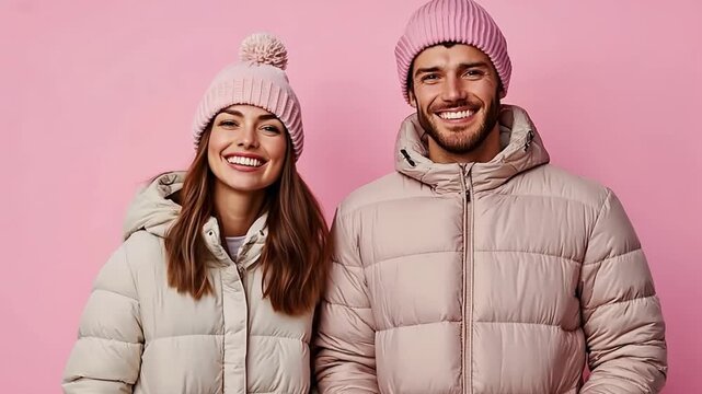 Fashion models wearing trendy padded jackets and cozy woolen hats, smiling joyfully against a vibrant pink background in a studio setting
