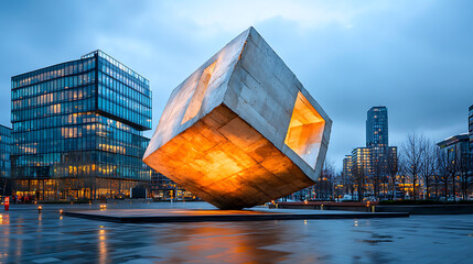 Illuminated cube sculpture at urban plaza modern cityscape art installation evening ambiance wide angle contemporary design