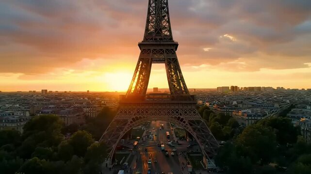 Eiffel Tower sunset aerial Parisian traffic below, cityscape background, travel imagery