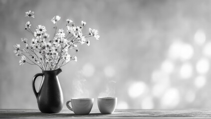 Monochromatic still life of wildflowers in a pitcher and two steaming cups on a rustic table against a blurred background
