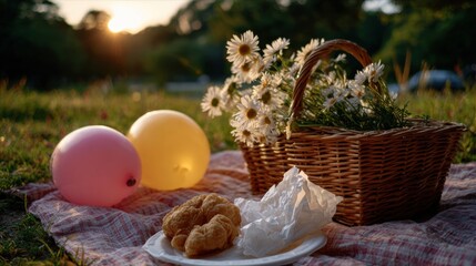 Picnic celebration with flowers and treats park food image grassland close-up outdoor relaxation