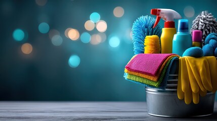 Cleaning supplies in metal bucket on turquoise background