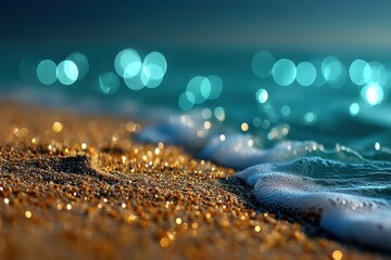 Golden sand with ocean bokeh blurred background