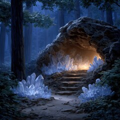 Exploring enchanted crystal cave mystical forest fantasy art serenity low angle nature's wonders