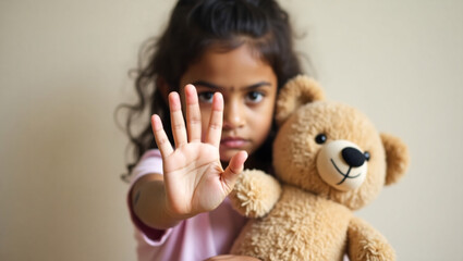 A young girl holding a teddy bear, making a stop gesture with her hand. The image evokes a sense of protectiveness and awareness