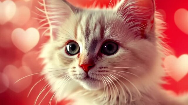 Adorable kitten with captivating blue eyes posing against a backdrop of glowing red hearts, creating a perfect image for Valentine's Day