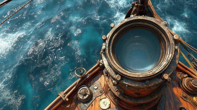 Nautical spyglass on a wooden ship's deck over churning ocean