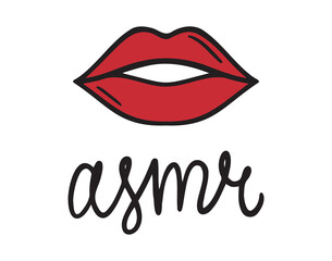 ASMR lettering emblem with red lips or mouth icon doodle hand drawn. Outline line drawing clipart symbol