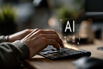 Business technology concept with AI visuals and blurred workspace