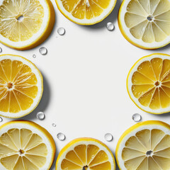 Fresh Lemon Slice Frame with Water Droplets on White Background, Perfect for Summer Refreshment and Culinary Designs