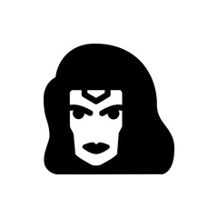 Illustration of a woman with long dark hair and a geometric design on her forehead in black and white style