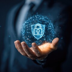 A person in a suit holds a glowing orb containing a digital shield and padlock, symbolizing data protection and security