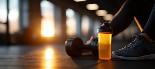 A break after a workout with fitness equipment on a blurry gym background