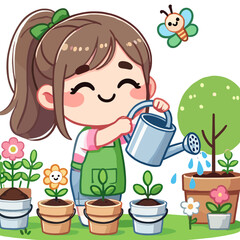 Cartoon Girl Watering Plants in Garden with Flower and Butterfly