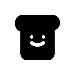 Illustration of a black toast slice with a smiling face and rounded corners on a white background plain