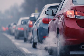 Traffic jam on a foggy day, cars idling and emitting exhaust