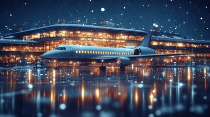 Night airport, jet, rain, snow