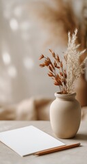 Naklejka premium Simple beige vase with dried flowers and blank paper sits on a neutral surface