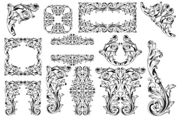 Decorative design set featuring flourish borders, corner elements, and frames, ideal for invitations, menus, and page embellishments. Perfect for enhancing layouts with elegant vector details.