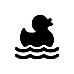Silhouette of a rubber duck floating on water with two wavy lines representing the water surface below it