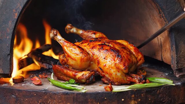 Tandoori Chicken Skewers Roasting Over Fiery Embers with Vibrant Spices in Night Glow GIVE  ME HIGHLY DETAIEL PROMT WITH ANIMATION DESCRIPTION