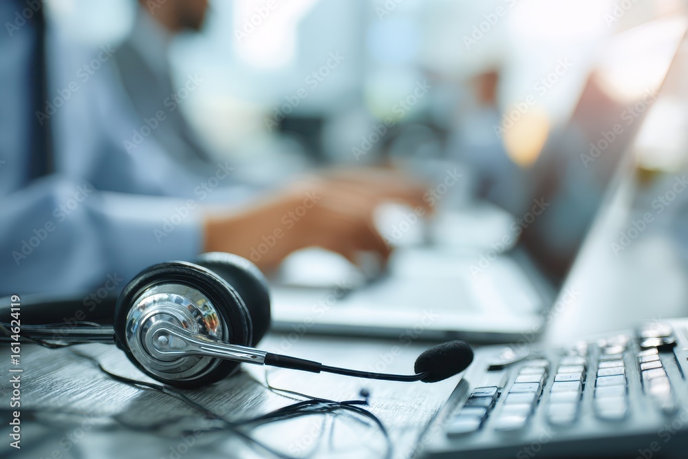Poster close up on a telephone headset and computer keyboard in a modern office setting during a busy worki