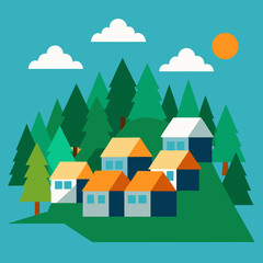 Fototapeta premium Charming village nestled among evergreen trees