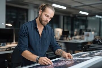 Team graphic designer checks print quality during a project review session in a modern office space, ensuring colors and details meet design specifications and standards for clients