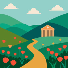 Fototapeta premium Idyllic landscape with a classical building and blooming flowers